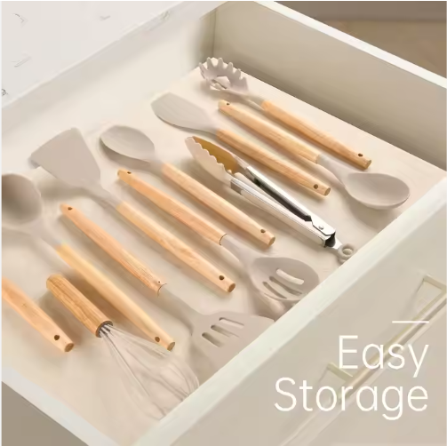 Non-Stick Silicon 12 Pcs Heat Resistant Wooden Handle Kitchen Cooking Utensils Set, Khaki Color - view 4