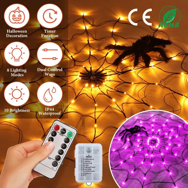 1Pc 3.28FT Spider Web Light With Hairy Spider 70LED Battery Powered Remote Control 8 Lighting Modes Glowing Outdoor