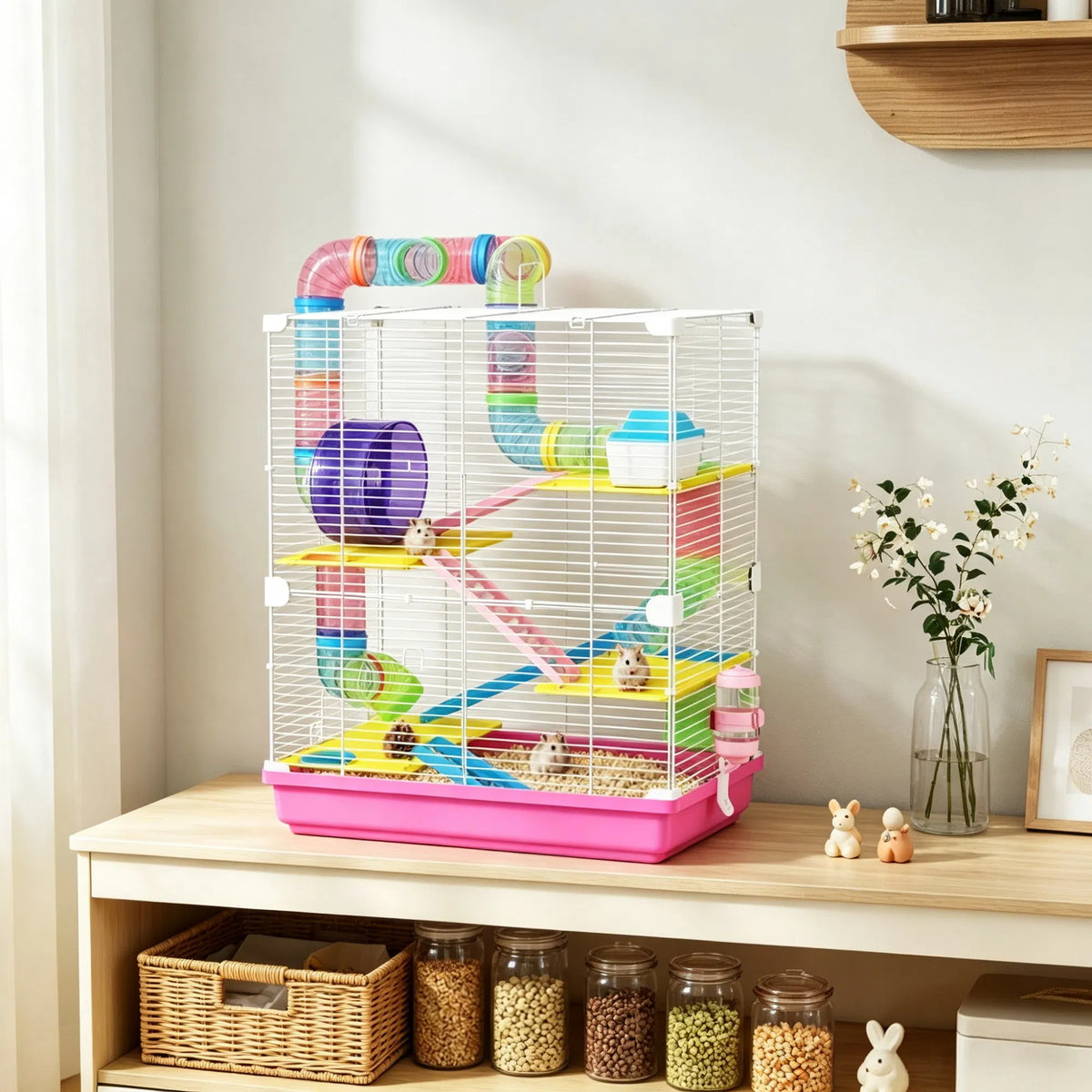 Pink 5-Tier Portable Hamster Cage for Short Trip Outing, Small Animal Travel Carrier with Tunnel Tubes - view 6