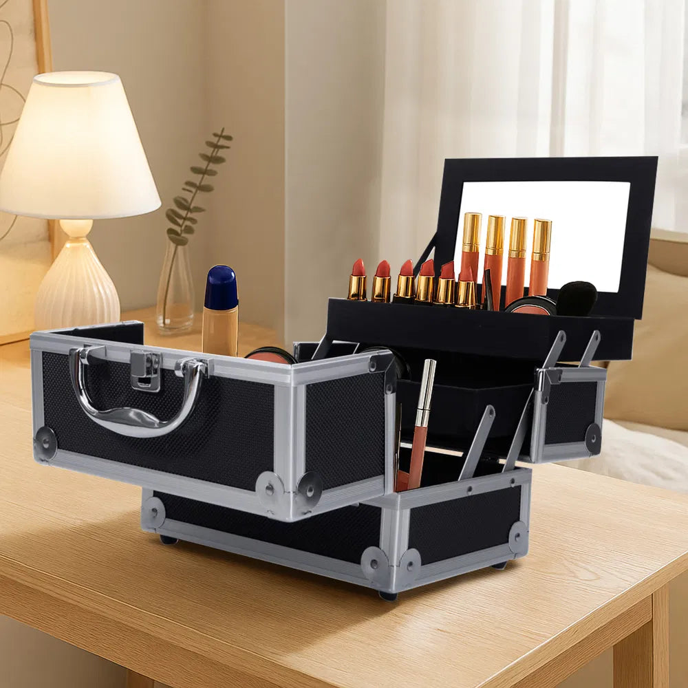 Portable Diamond Texture Aluminum Makeup Storage Bag With Mirror & Key Black - view 3