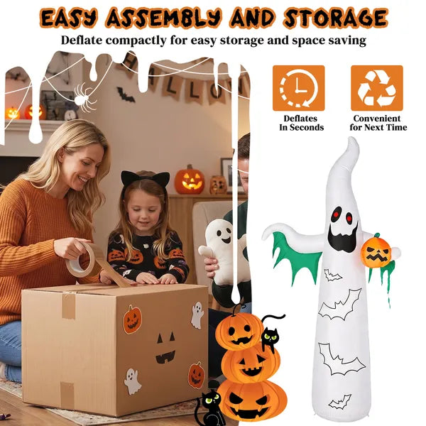 12ft Inflatable Halloween Decor With Flashing Bats & White Ghosts, 4 LED Lights + 82 String Lights, White & Green - view 2