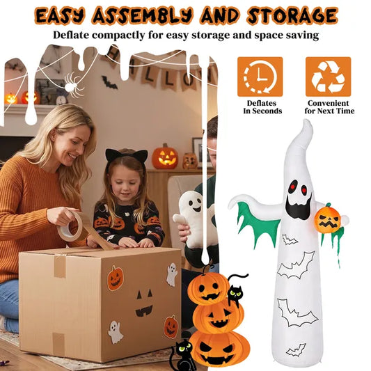 12ft Inflatable Halloween Decor With Flashing Bats & White Ghosts, 4 LED Lights + 82 String Lights, White & Green - view 2