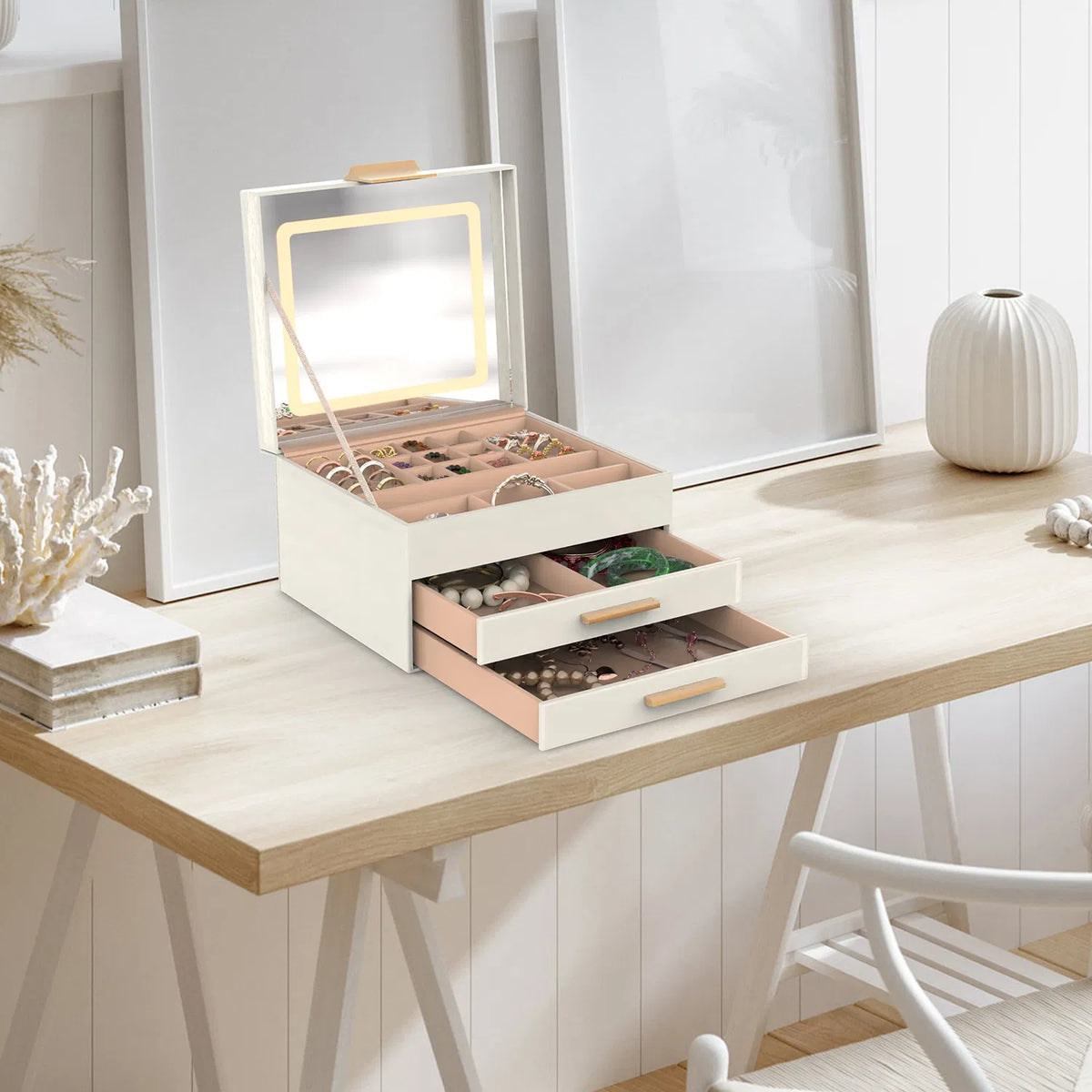 Jewelry Box With LED Mirror 3-Layer Jewelry Organizer With 2 Drawers PU Jewelry Holder With 3 Mirror Light Colors - view 2