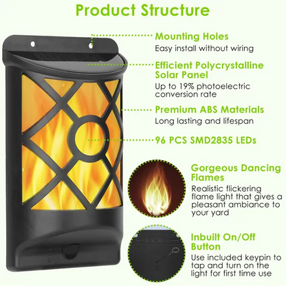Flame Solar Lights Outdoor 96 LEDs Waterproof Flickering Flame Wall Mount Lamp Auto On Off - view 6