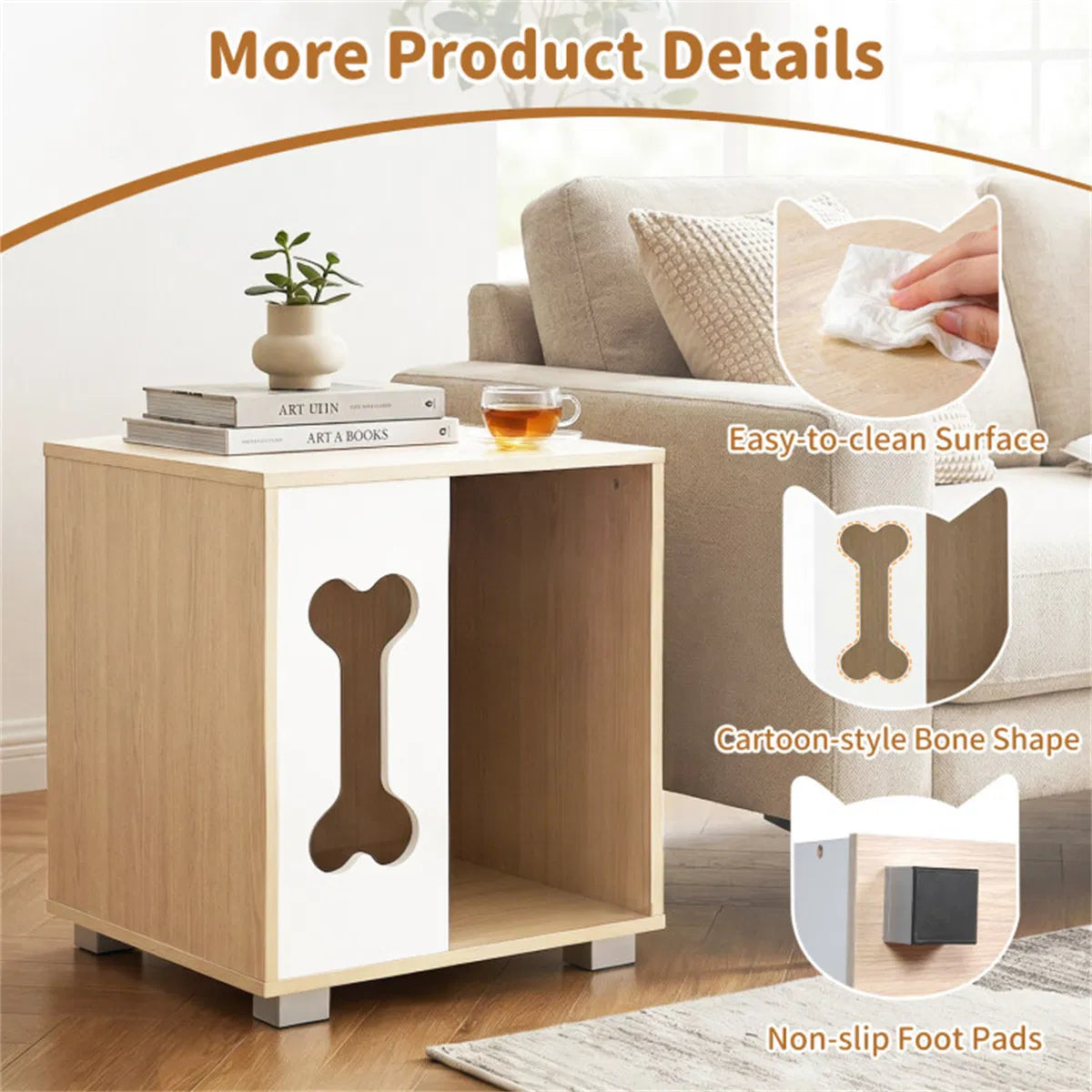 Cat Dog House Dog Bed Side Table Wooden Dog Condo with Bone-shape Window and Thick Metal Legs - view 5