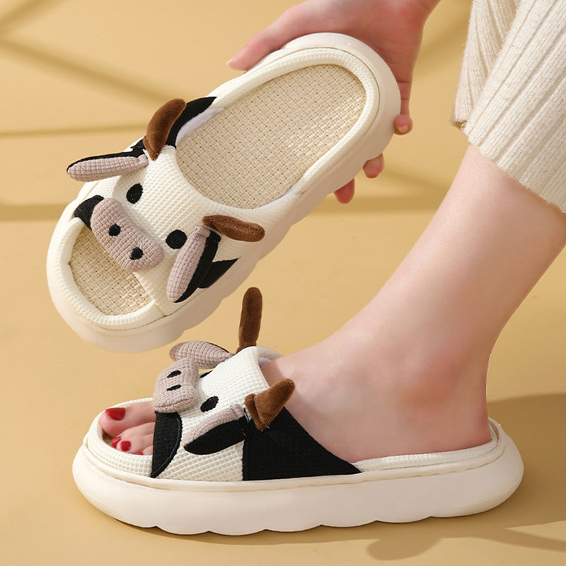Cute Cartoon Cow Frog Slippers Linen Non-slip Shoes Indoor Garden Home Slippers - view 2