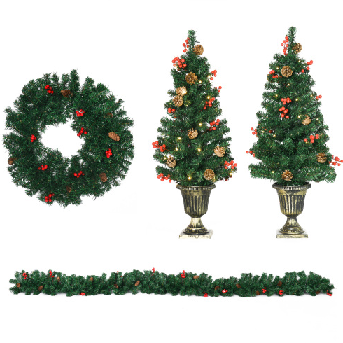 HOMCOM Prelit Holiday Christmas 4-Piece Set, Garland Wreath And Set Of 2 Entrance Trees With Warm White LED Lights - view 6