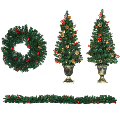 HOMCOM Prelit Holiday Christmas 4-Piece Set, Garland Wreath And Set Of 2 Entrance Trees With Warm White LED Lights - view 6