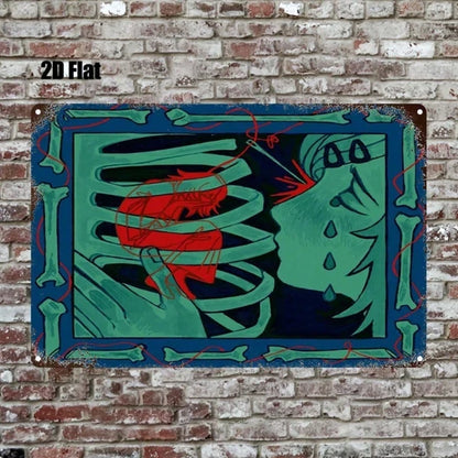 Vintage Abstract Red & Blue Skull Metal Wall Art, 8x12 Inch 2D Flat Iron Painting Sign, Retro Decor For Home Bar Garage