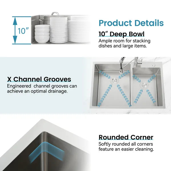 33' x19' Embedded Double Bowl Kitchen Sink, Overmount Handmade Sink In Brushed - Sink Only - Unable Ship Weekends - view 5