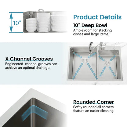 33' x19' Embedded Double Bowl Kitchen Sink, Overmount Handmade Sink In Brushed - Sink Only - Unable Ship Weekends - view 5