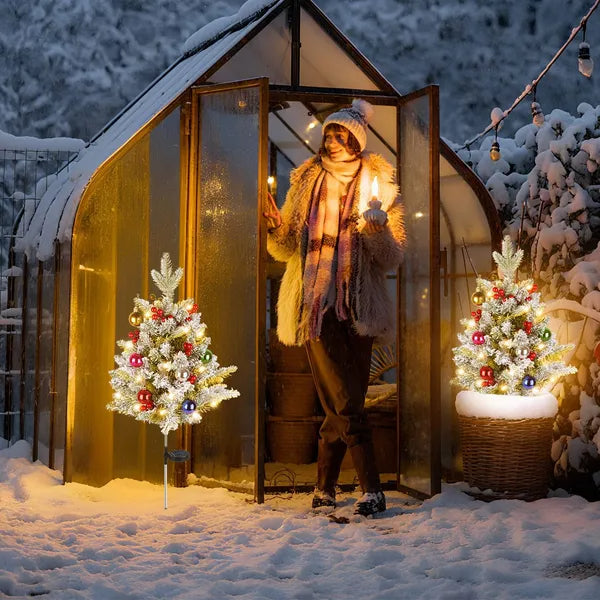 2Pcs Solar Powered Lighted Christmas Tree Urn Filler With Light Artificial Xmas Trees Light With Berries Decor Balls - view 2