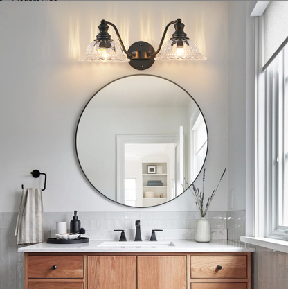 20 Inch 2-Light Vintage Bathroom Wall Sconce - Elegant Black Metal And Glass Lampshade Vanity Light Fixture - view 3