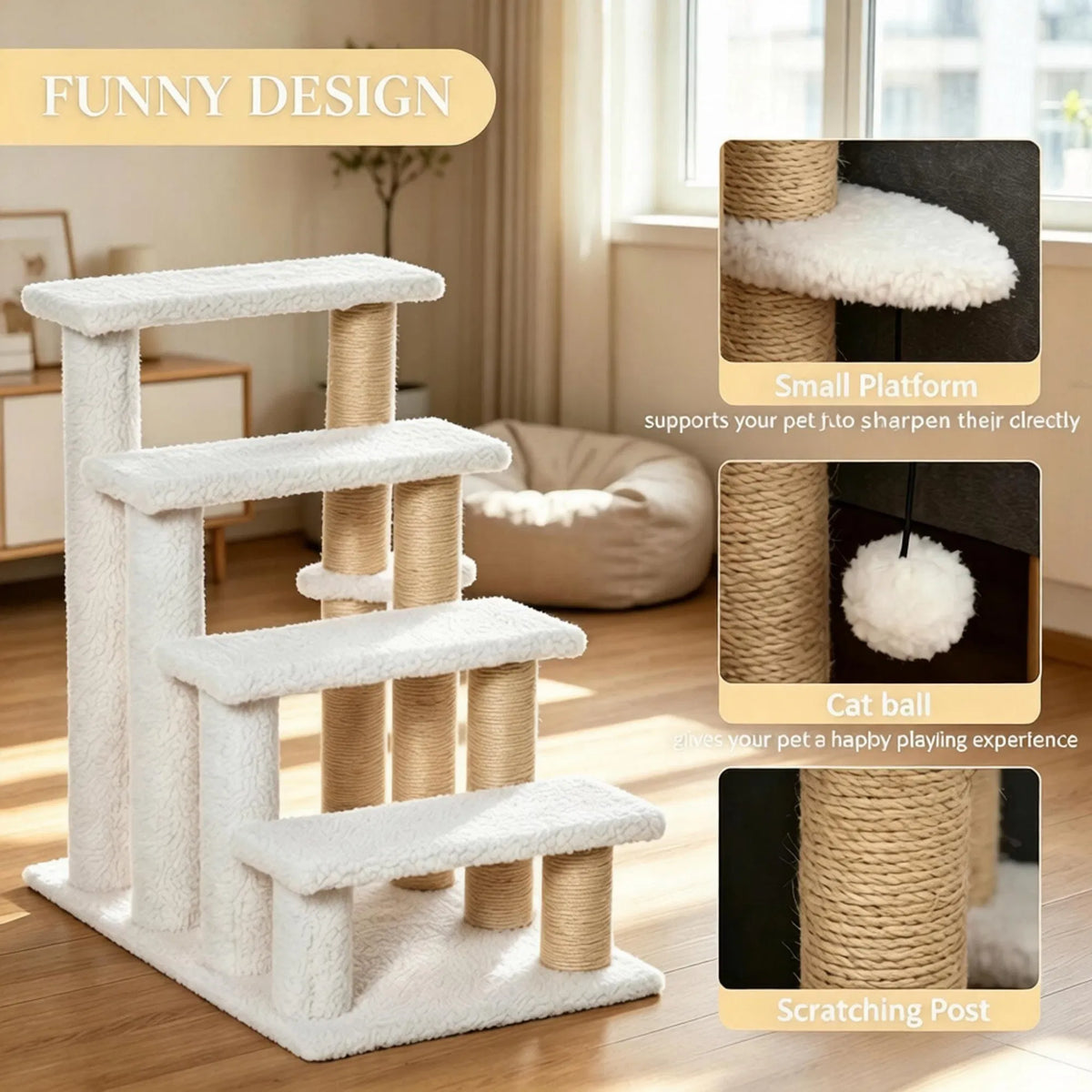 4 Levels Cat Steps with Scratching Posts for High Bed, Sofa, Non-slip Sturdy Pet Climbing Ladder for Indoor Cats, White - view 5