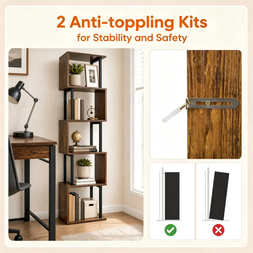 5-Tier S-Shaped Bookshelf, Modern Geometric Freestanding Display Shelf with Heavy-Duty Metal Frame - view 2