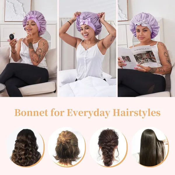 Silk Bonnet For Sleeping Women, Satin Hair Bonnet For Sleeping For Wavy Curly Natural Hair Women Men - Rose Red - view 6