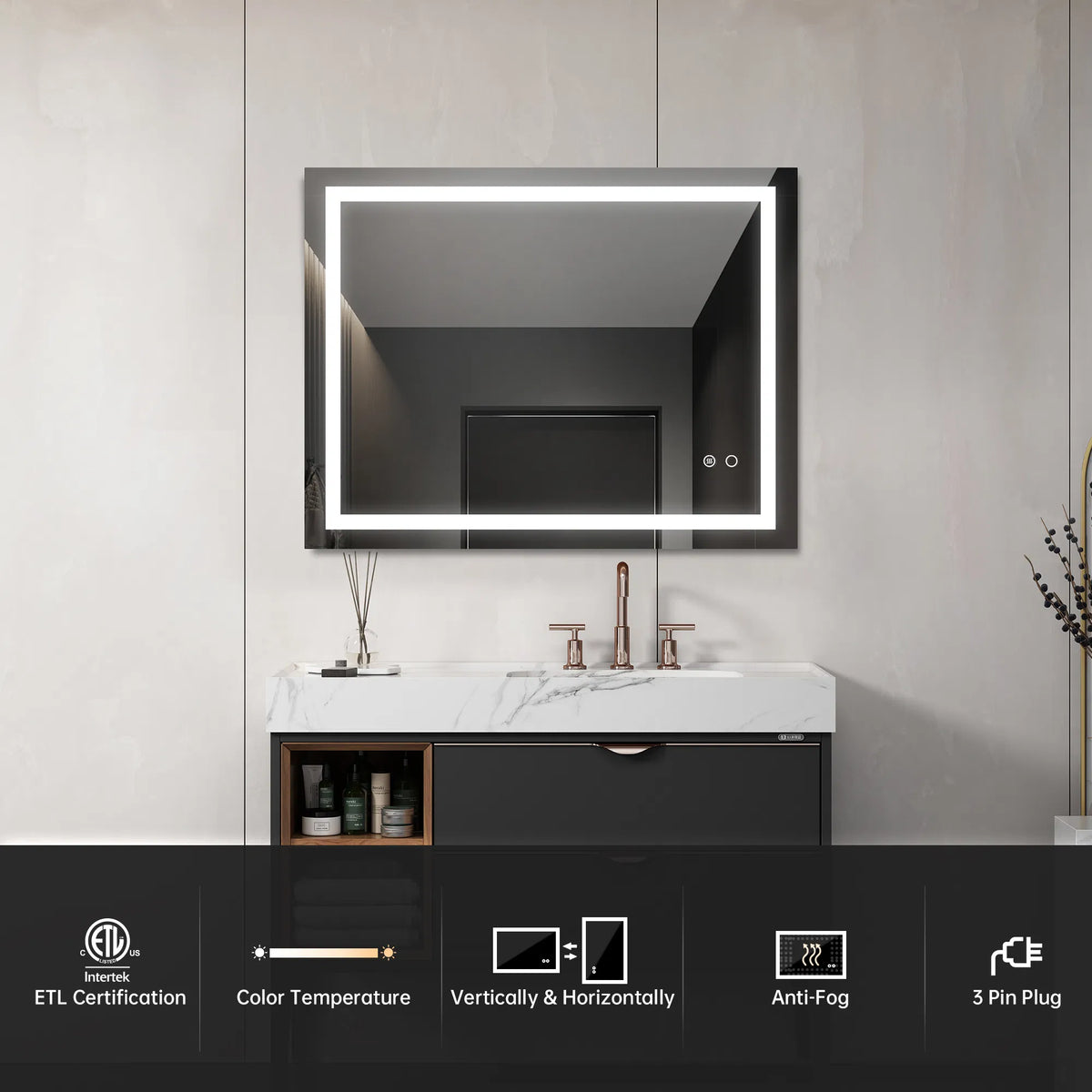 36'*28' LED Lighted Bathroom Wall Mounted Mirror with High Lumen+Anti-Fog Separately Control+Dimmer Function - view 4
