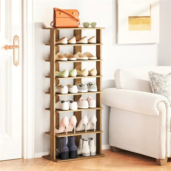 7-Tier Double-Row Shoe Rack With Adjustable Shelves, Anti-Tipping Narrow Storage Rack For Entryway Closet-Natural - view 4