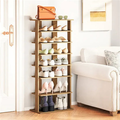 7-Tier Double-Row Shoe Rack With Adjustable Shelves, Anti-Tipping Narrow Storage Rack For Entryway Closet-Natural - view 4