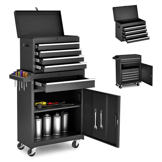 Tool Chest, 5-Drawer Rolling Tool Storage Cabinet With Detachable Top Tool Box, Liner, Universal Lockable Wheels