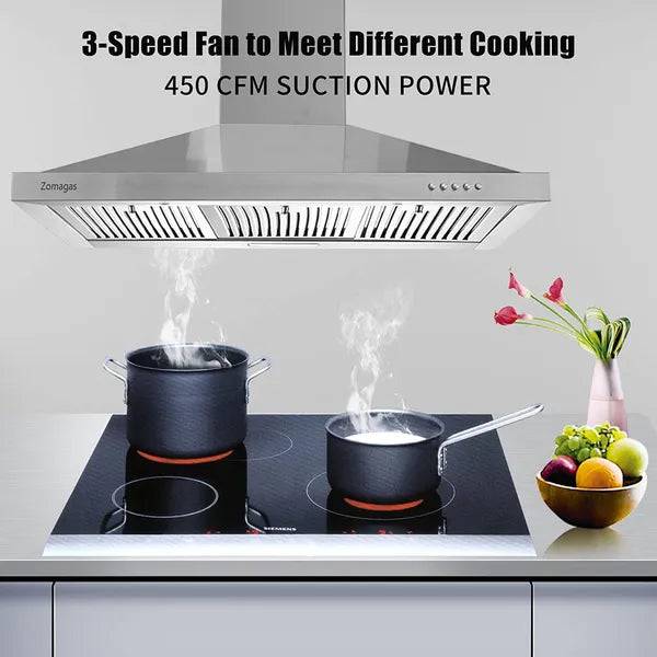 Range Hood 36 Inch; Wall Mount Vent Hood In Stainless Steel With Ducted/Ductless Convertible Duct; 3 Speed Exhaust Fan - view 5