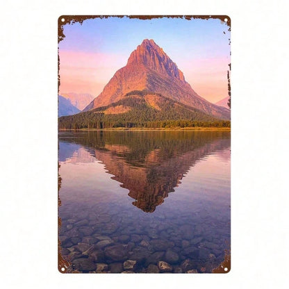 Mountain Lake Reflection Metal Sign, 8x12 Inch Decorative Wall Art, Durable Metal Plaque Painting For Bedroom Kitchen
