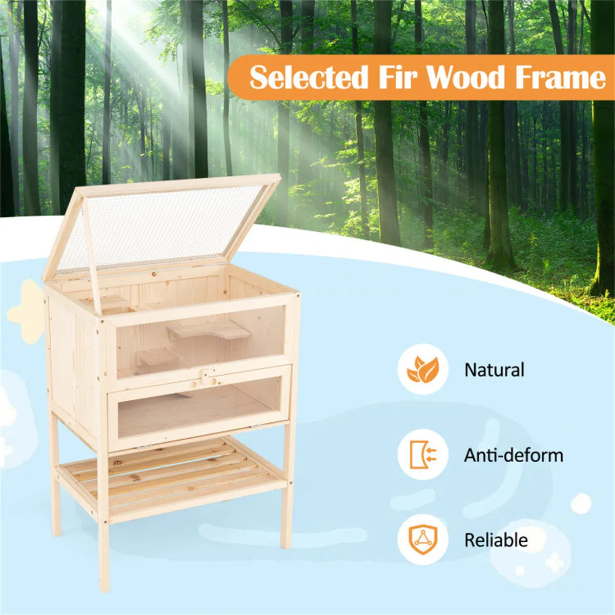31.5 " Fir Wood Hamster Cage with Flip Mesh Roof, Multi-Level Activity Areas & Bottom Storage Shelf - view 4