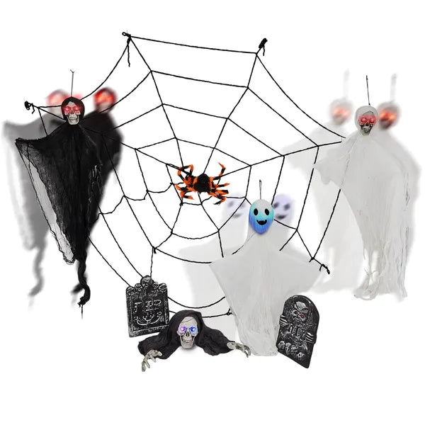 Outdoor Halloween Decorations 8-Piece Set, Hanging Ghosts Decor And Cobweb And Gravestone With Lighted Up Eyes - view 5