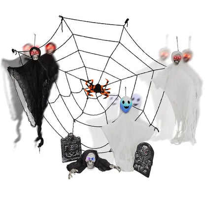 Outdoor Halloween Decorations 8-Piece Set, Hanging Ghosts Decor And Cobweb And Gravestone With Lighted Up Eyes - view 5
