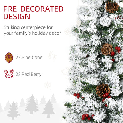 6 Foot Pencil Snow Flocked Artificial Christmas Tree With 600 Pine Realistic Branches, Pine Cones, Red Berries - view 4