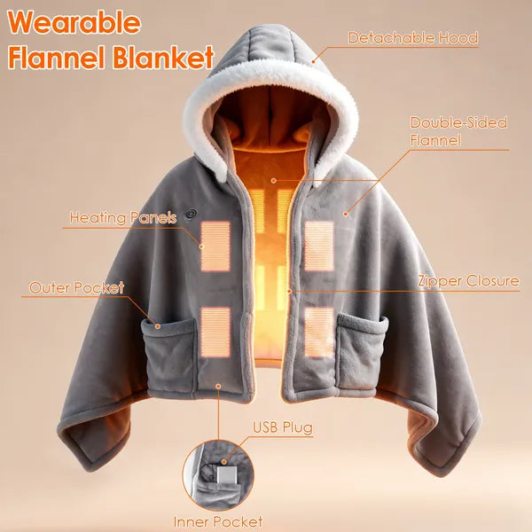 Wearable Heated Throw Blanket Double-Sided Flannel Portable Electric Heating Hoodie For Women Men Machine Washable - view 7