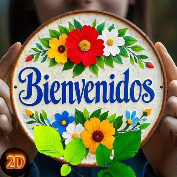 Spanish Flower Welcome Round Metal Sign 7.8x7.8in 1PC Vintage 2D HD Printed Iron Wall Decor Rustic Flat Hanging Plaque - view 3