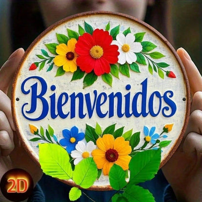 Spanish Flower Welcome Round Metal Sign 7.8x7.8in 1PC Vintage 2D HD Printed Iron Wall Decor Rustic Flat Hanging Plaque - view 3