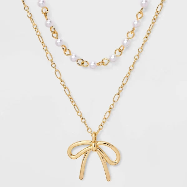 14/16" Acrylic Pearl & Bow Necklace Set 2 Pc - Gold - view 4