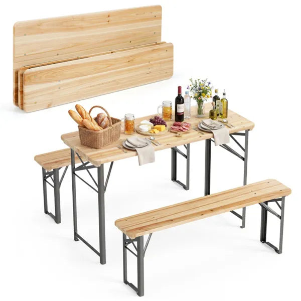 47" Foldable Picnic Table With 2 Benches, Solid Fir Wood Outdoor Dining Set With Sturdy Metal Frame For Patio Garden