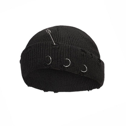 Iron Ring Pin Ripped Knit Beanie