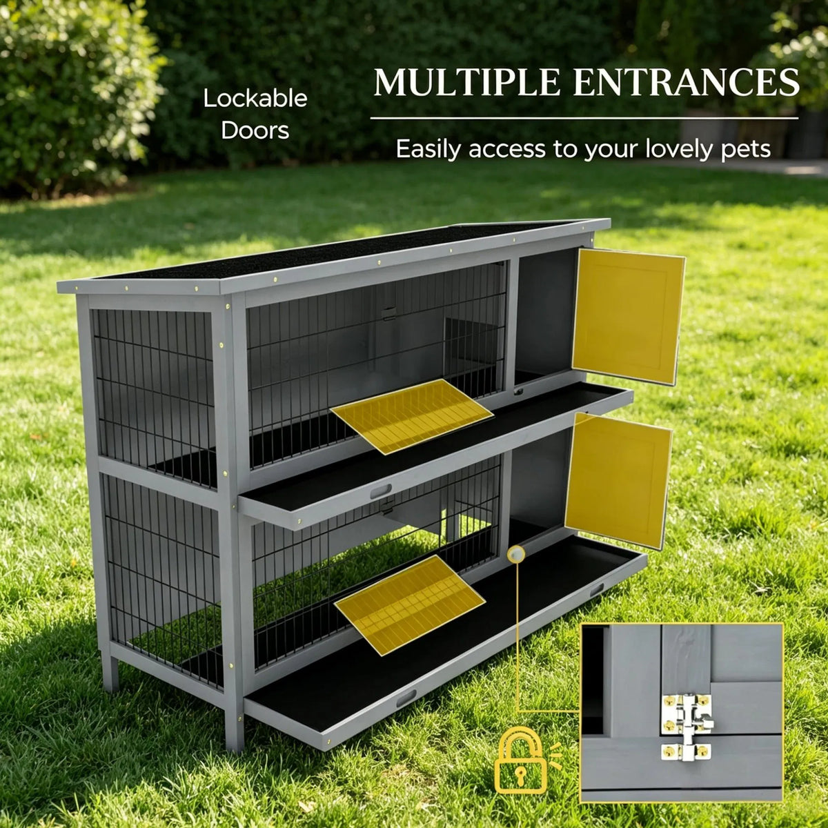 54" 2-Story Large Rabbit Hutch, Bunny Cage, Wooden Pet House, Small Animal Habitat, Gray with Lockable Doors, Tray, Roof - view 3