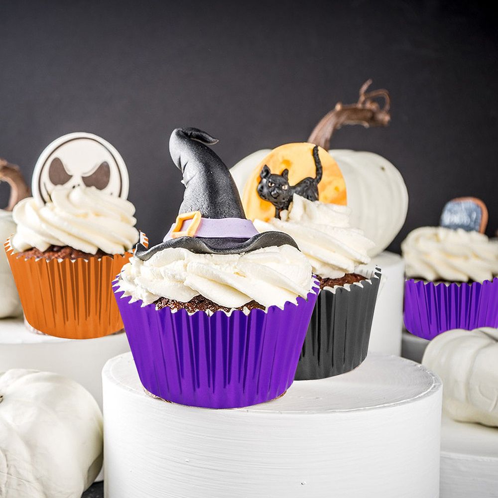300 Pcs Halloween Foil Cupcake Liners Black Purple Orange Foil Metallic Cupcake Wrappers Halloween Party Standard - view 7