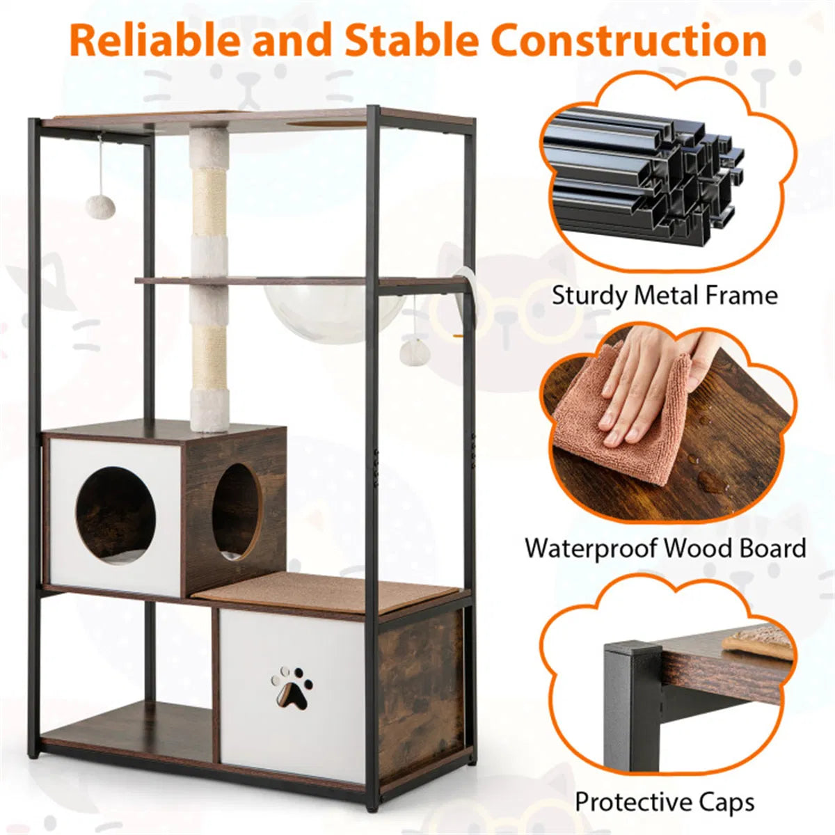 Stylish Wood-Metal Cat Tree - 33 lbs Per Layer Capacity, 2 Private Condos + 2 Relaxation Platforms - view 3