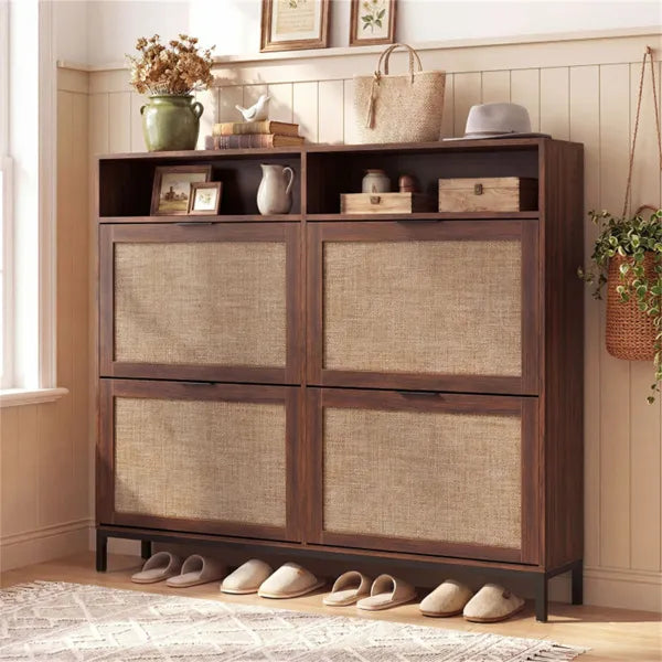 Boho Style Shoe Cabinet Cabinet With 4 Flip Drawers & Open Shelves, Freestanding Shoe Organizer For Entryway - view 4