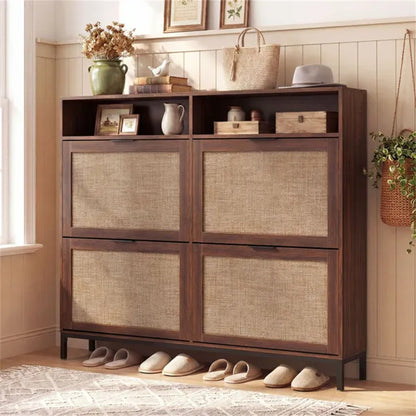 Boho Style Shoe Cabinet Cabinet With 4 Flip Drawers & Open Shelves, Freestanding Shoe Organizer For Entryway - view 4