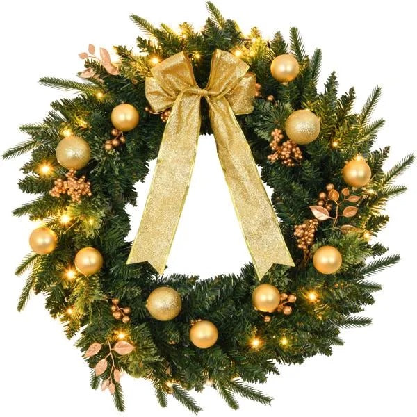 24in Pre-lit Battery Powered Christmas Wreath With Remote, Lighted Artificial Xmas Wreath With 50 Warm Lights And