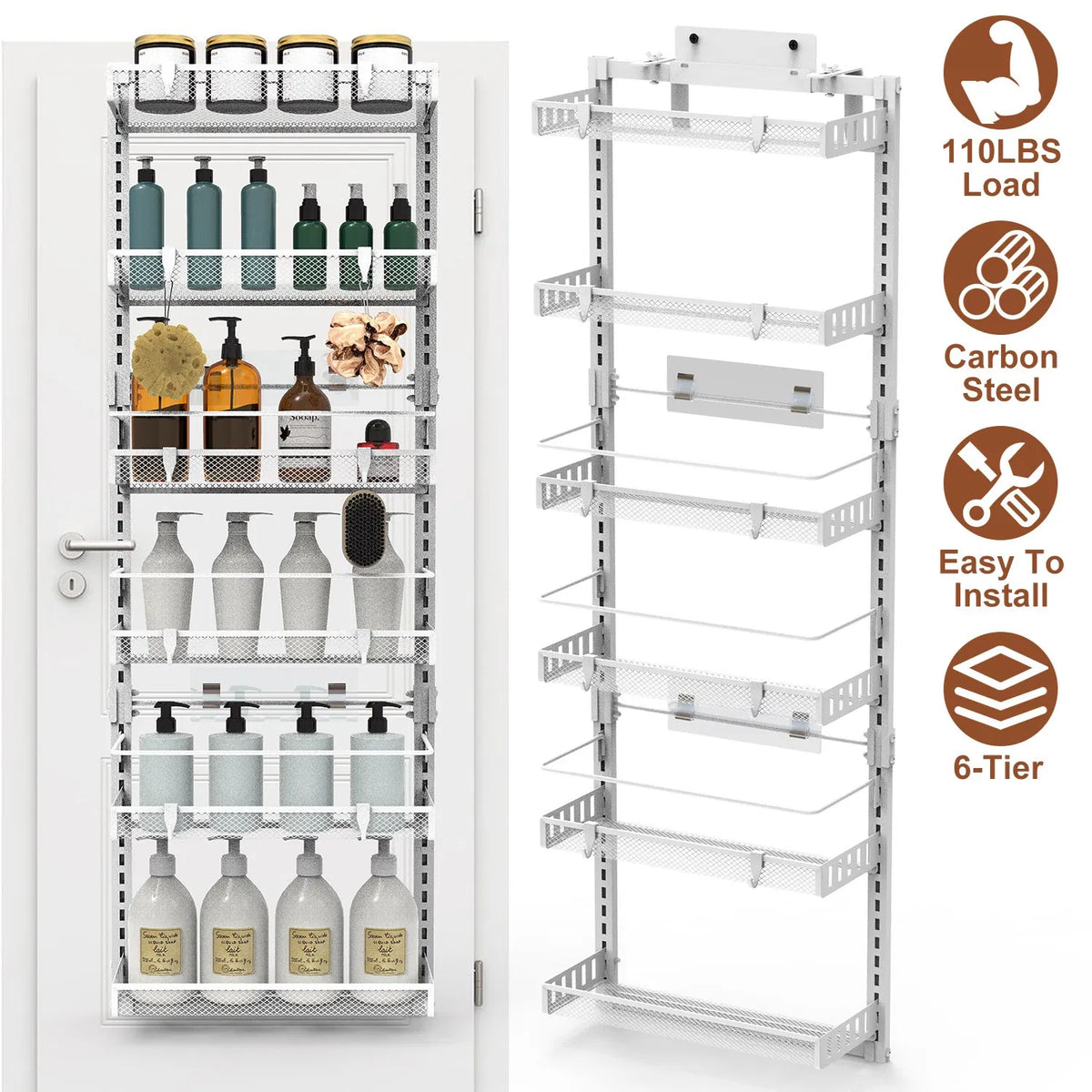6-Tier Over the Door Pantry Organizer, Large Metal Door Spice Rack, Hanging Heavy-Duty Pantry Door Storage Shelf 10LBS