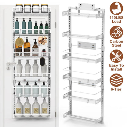 6-Tier Over the Door Pantry Organizer, Large Metal Door Spice Rack, Hanging Heavy-Duty Pantry Door Storage Shelf 10LBS