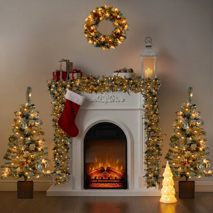Pre-lit Holiday Christmas 4-Piece Set, Christmas Garland, Wreath And Set Of 2 Entrance Trees With Warm White LED Lights - view 2