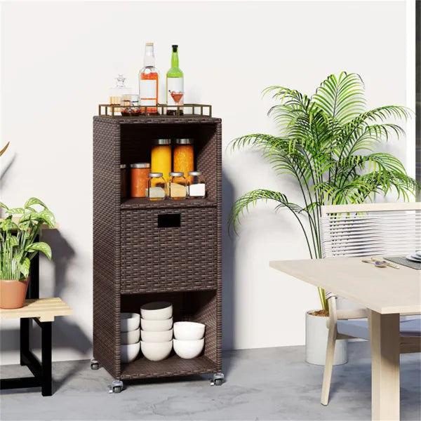 Mix Brown PE Rattan Outdoor Storage Cabinet, 3-Shelf With Removable Drawer & Lockable Wheels - view 5