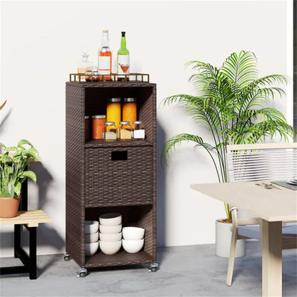 Mix Brown PE Rattan Outdoor Storage Cabinet, 3-Shelf With Removable Drawer & Lockable Wheels - view 5