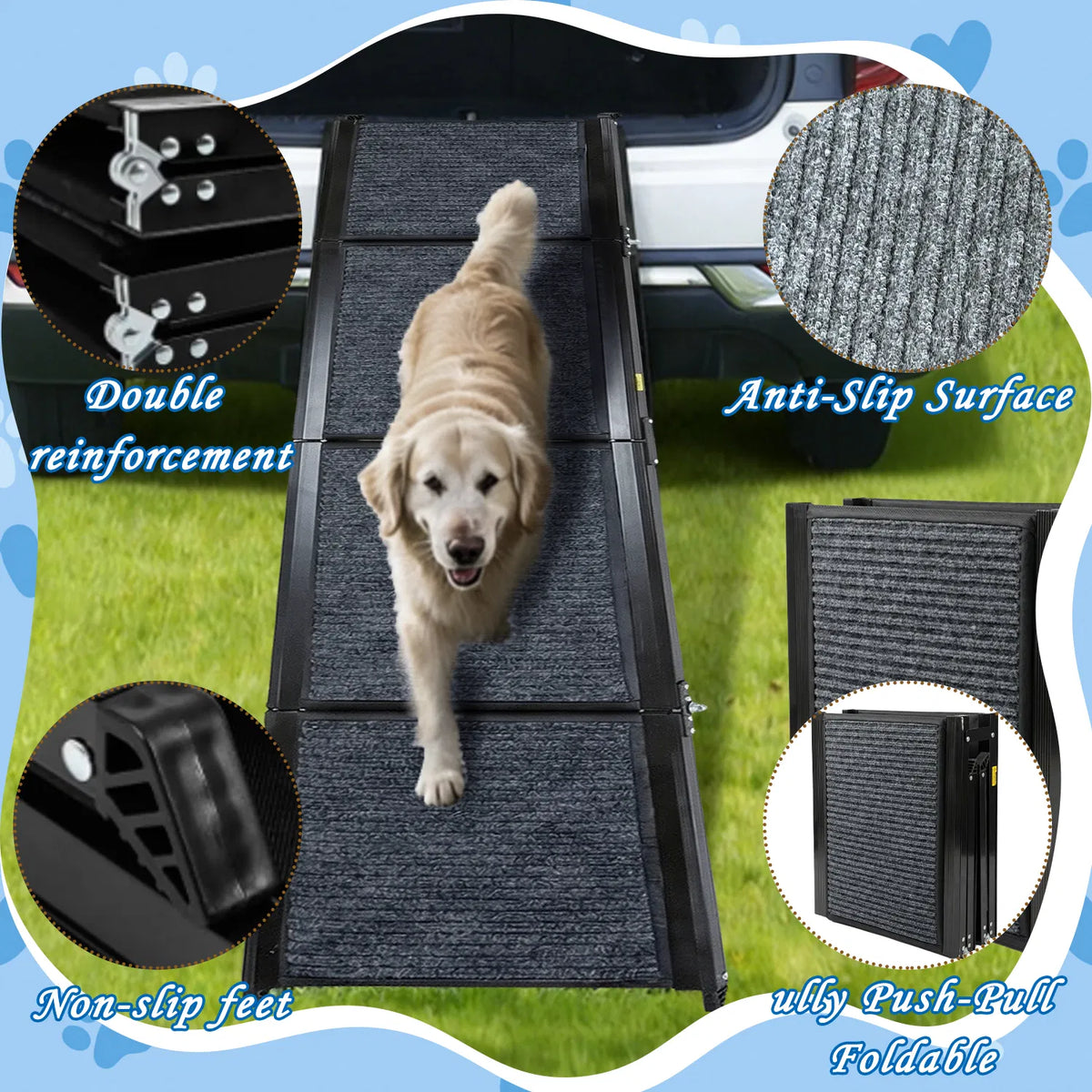 71" Long & 19" Wide Folding Dog Ramp for Car, SUV & Truck – Portable Pet Ramp with Non-Slip Surface, Extra Wide Steps - view 4