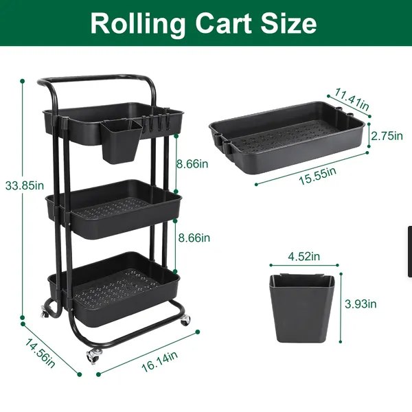 3 Tier Rolling Utility Cart Movable Storage Organizer With Mesh Baskets Lockable Wheels 360 Degree Rotatable Hanging - view 5