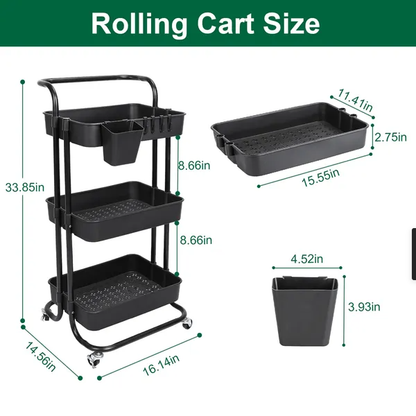 3 Tier Rolling Utility Cart Movable Storage Organizer With Mesh Baskets Lockable Wheels 360 Degree Rotatable Hanging - view 5